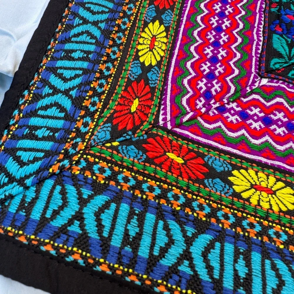 Vintage Hmong Embroidered Folk Art Textile Tapestry Black Multi Boho Floral